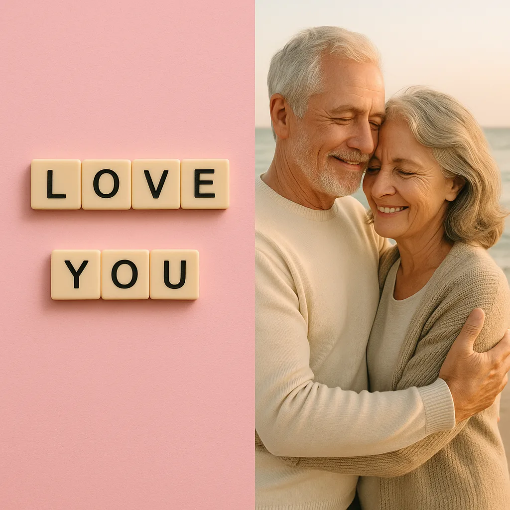 Older Couple Embraces by the Beach Alongside a Pink Background