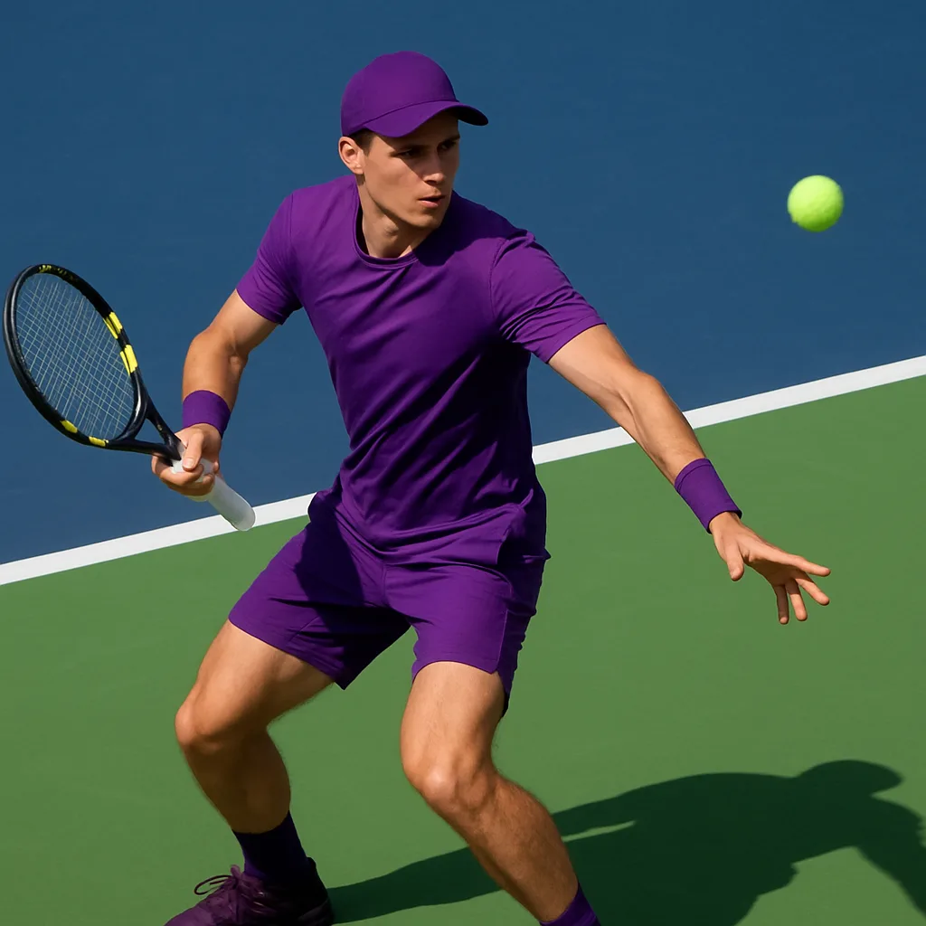 Tennis Player in Purple Attire Prepares to Hit a Forehand