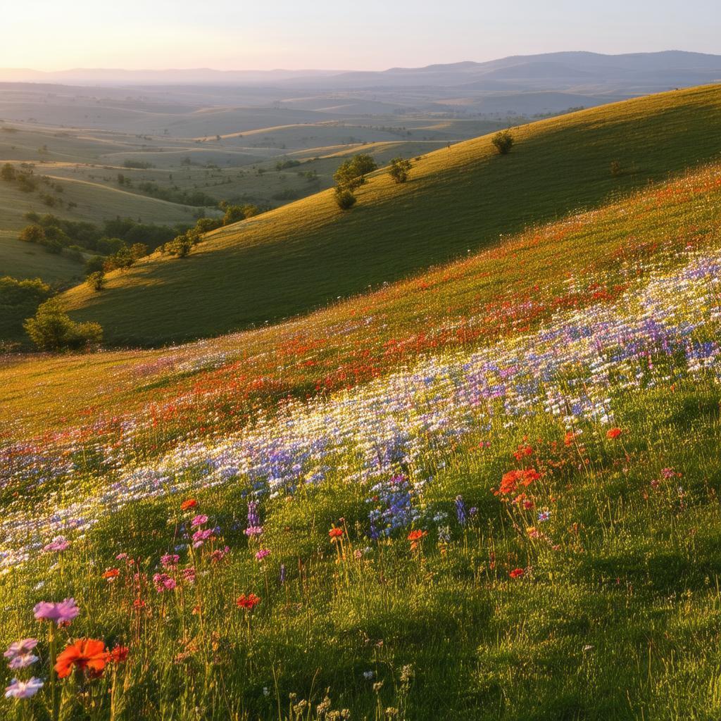 Golden Hour Over Rolling Hills of Wildflowers