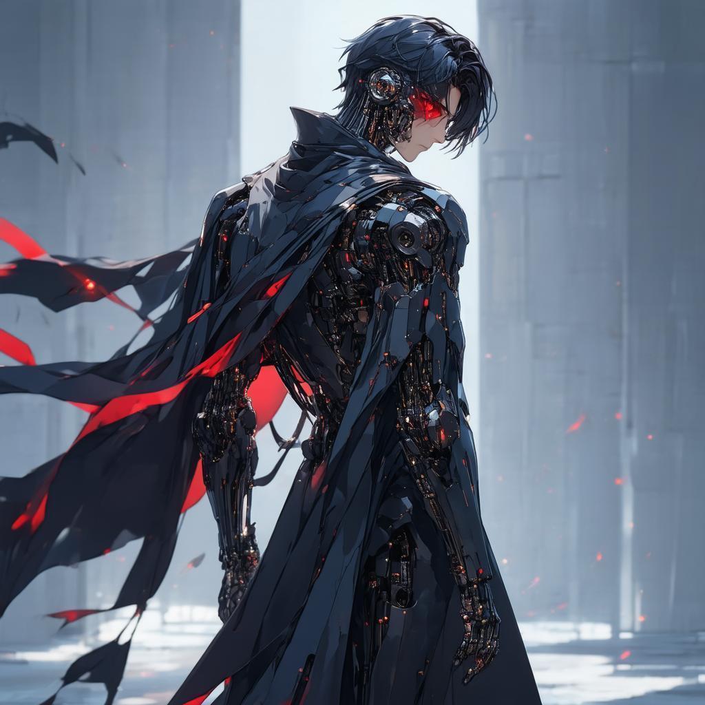 Caped Cyborg Anime Man With Red Mechanical Eye