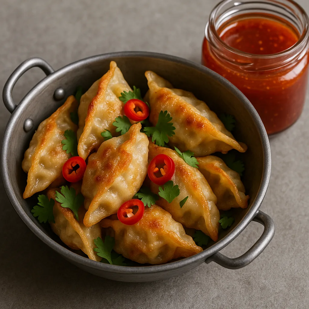 Metal Bowl Filled with Crispy Asian Dumplings Garnished with Herbs