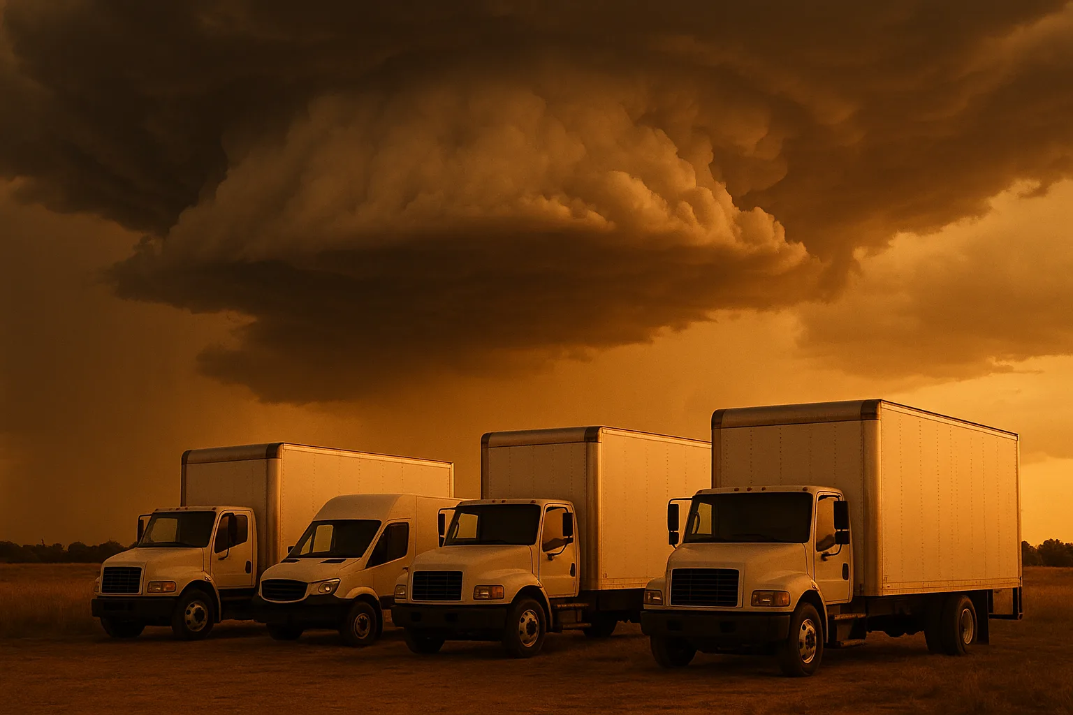 Four Diverse Moving Vans under Gathering Supercell Thunderclouds