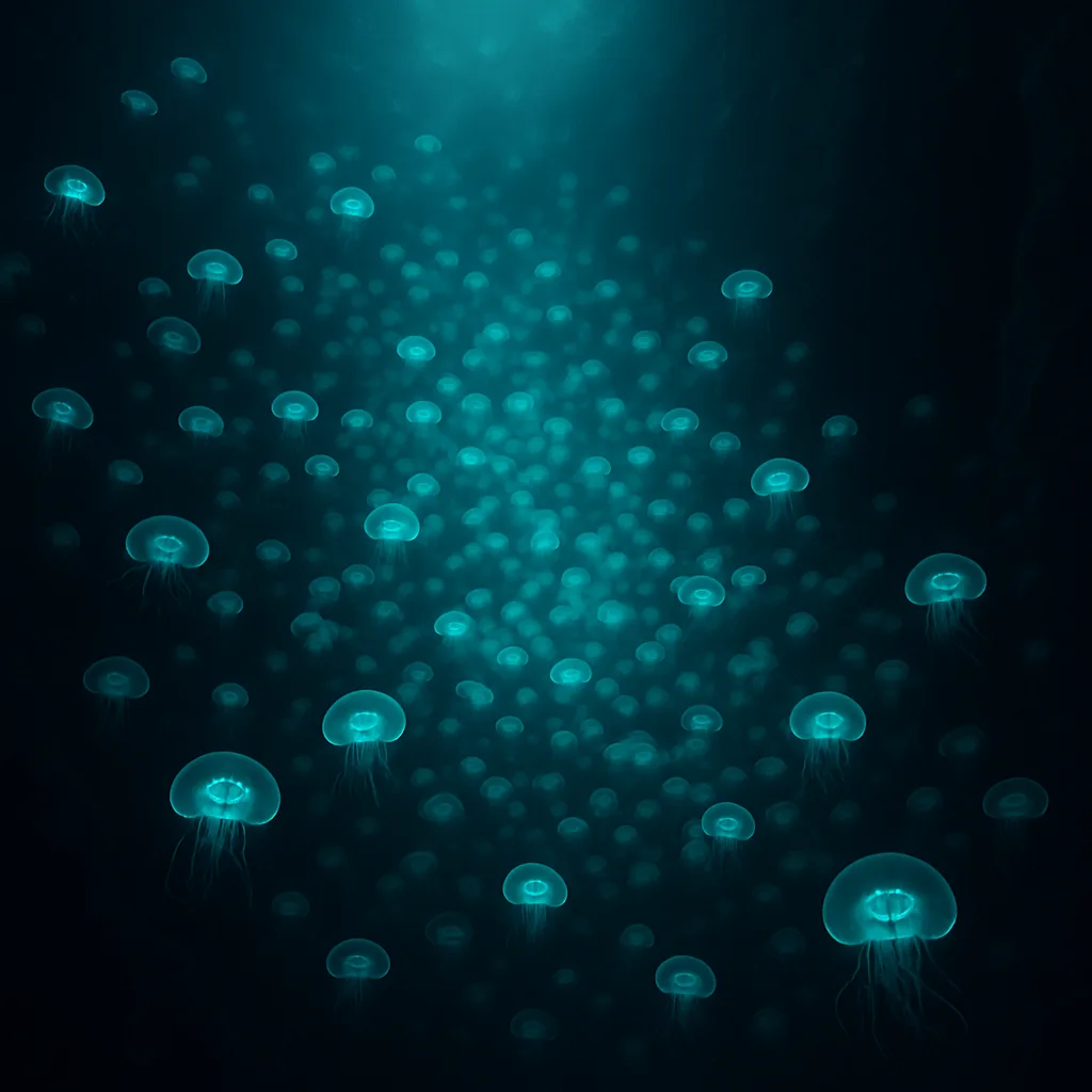 Innumerable Bioluminescent Jellyfish Drift in a Dense