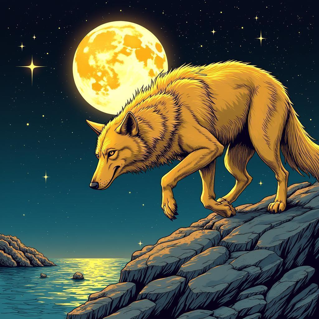 Giant Gold Wolf Chasing the Chibi Moon