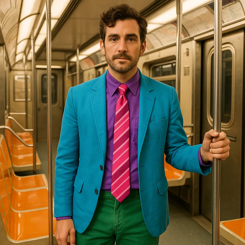 Man Dressed in a Vibrant Outfit Featuring a Blue Jacket