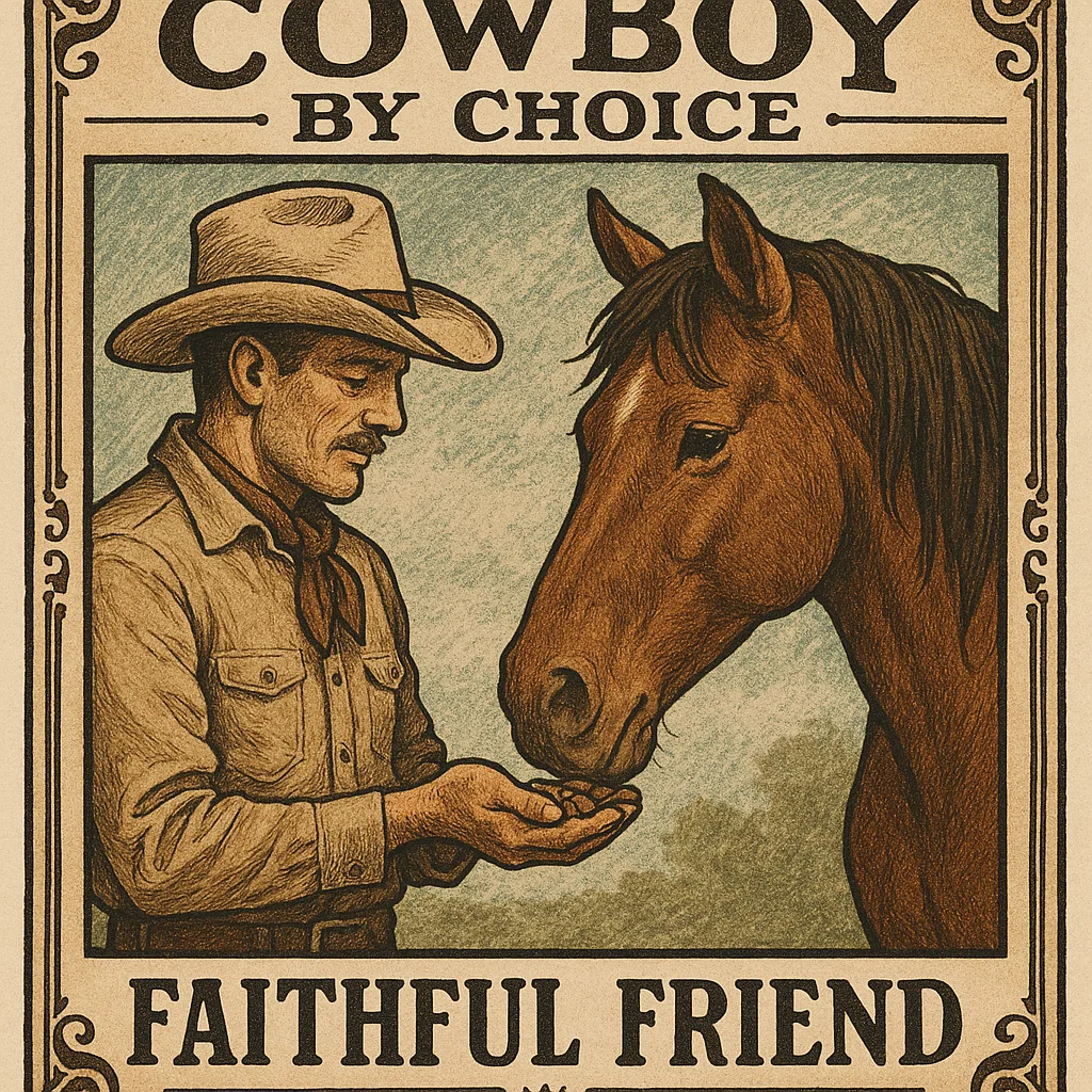 Cowboy Wearing a Hat and Feeding a Brown Horse