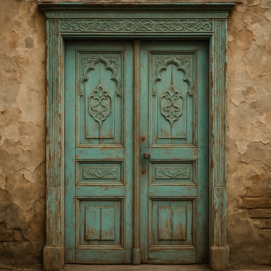 Vintage Turquoise Wooden Door with Ornate Carvings