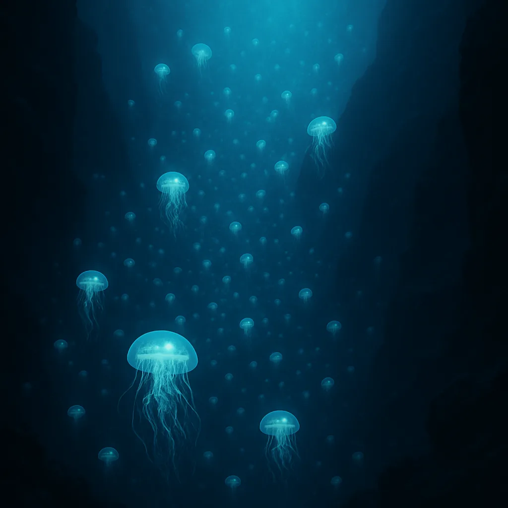 Immense Swarm of Luminous Jellyfish Drifts Through a Vast