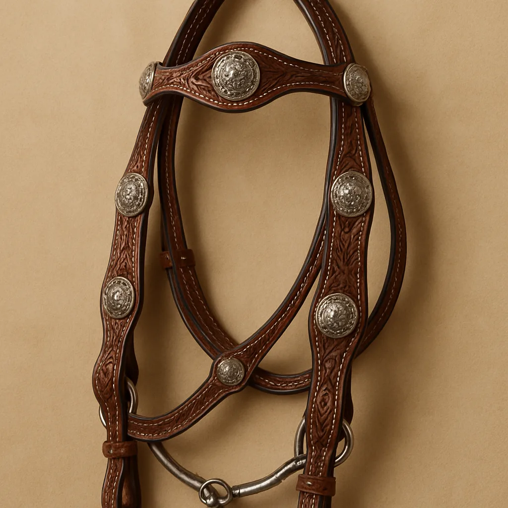 Decorative Brown Leather Horse Bridle Adorned with Silver Conchos