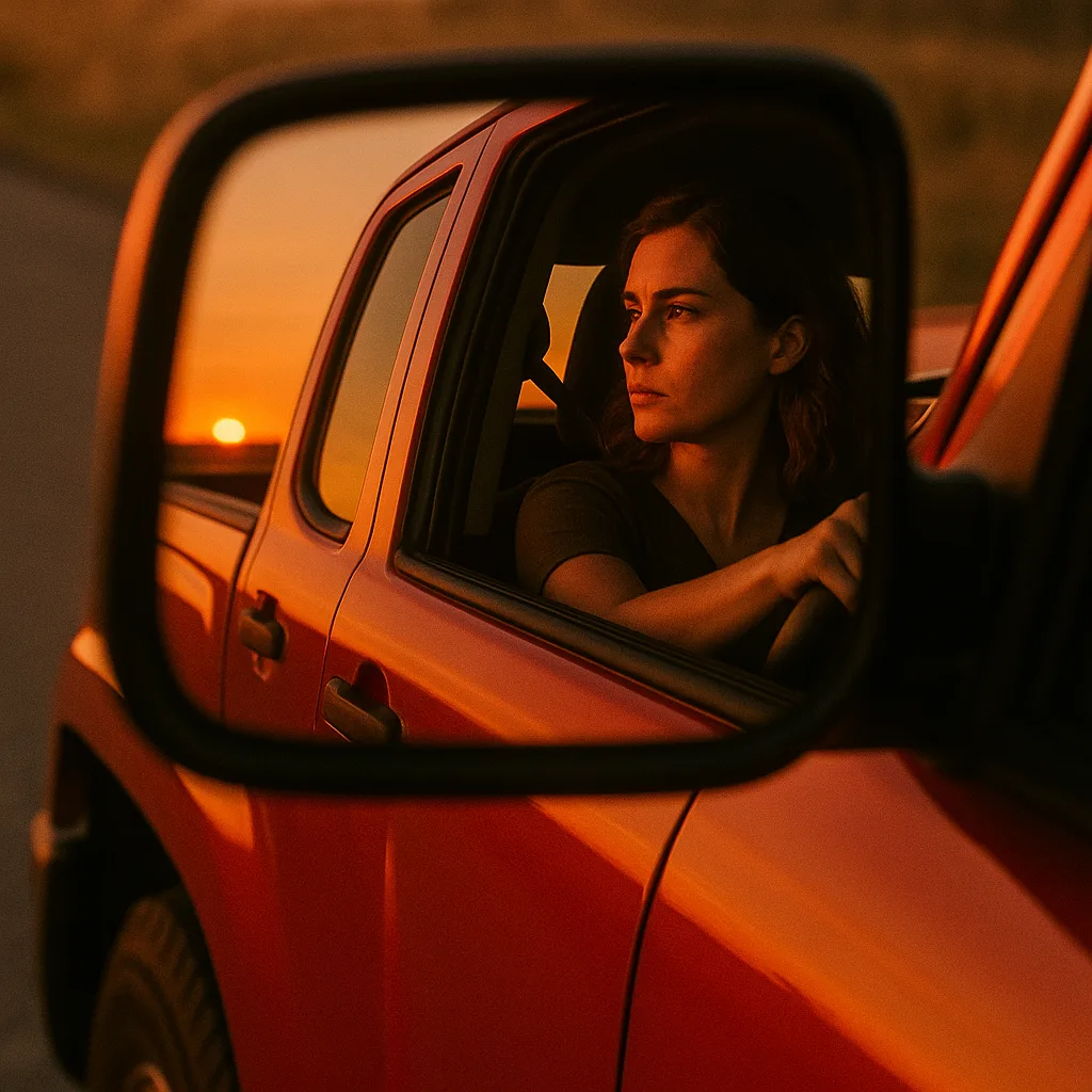 Image of a Woman Driving a Red Pickup Truck