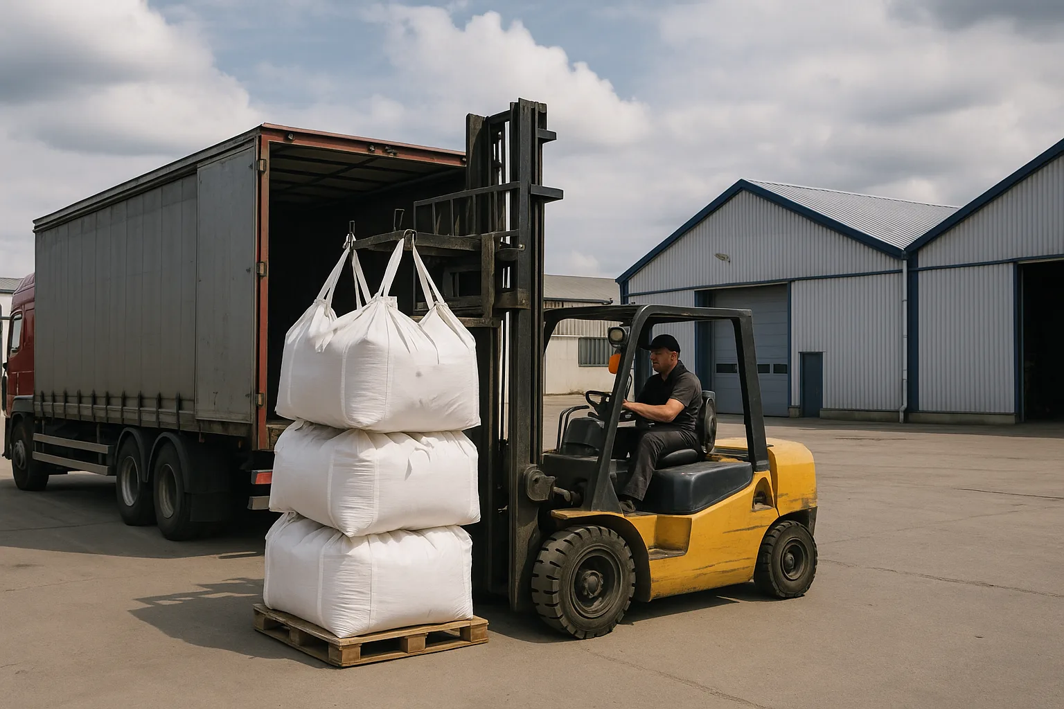 Forklift Unloads Sacks from a Truck in an Industrial Yard