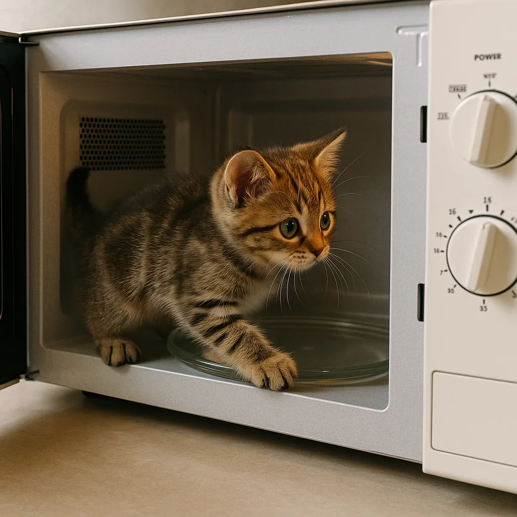 Curious Kitten Playfully Investigates the Microwave