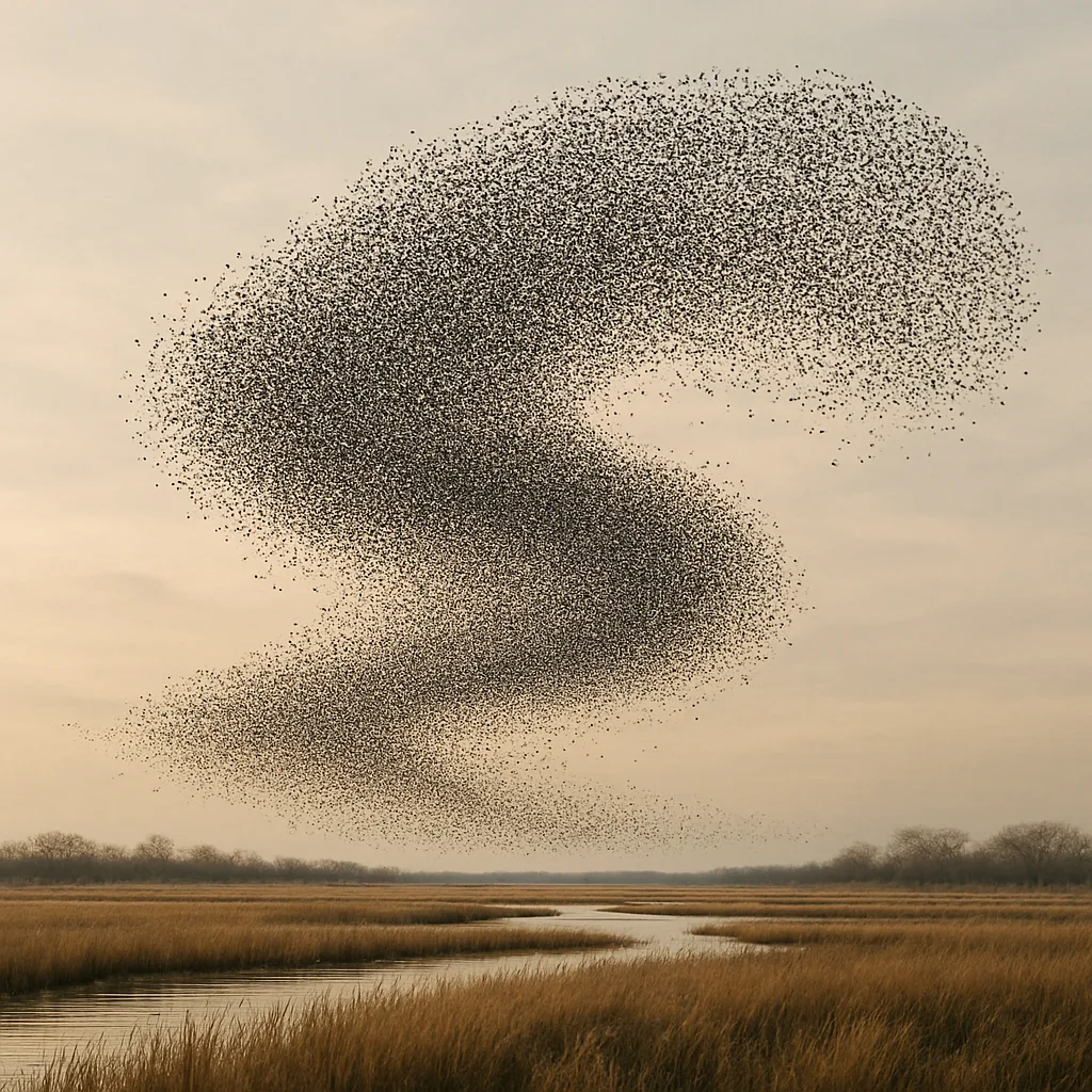Vast Flock of Countless Starlings Forms a Swirling Murmuration