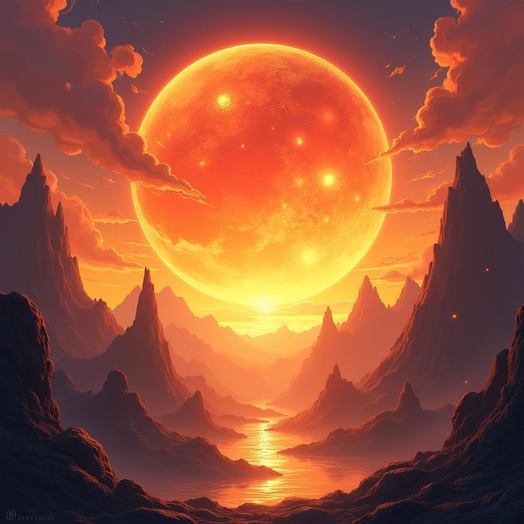 Fiery Anime Planet Rising Over Jagged Mountains
