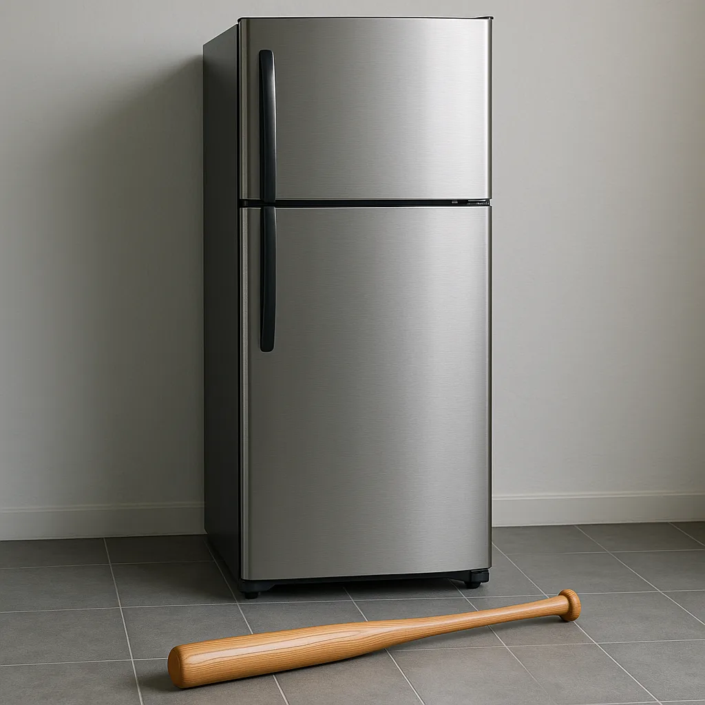 Modern Stainless Steel Refrigerator with a Baseball Bat