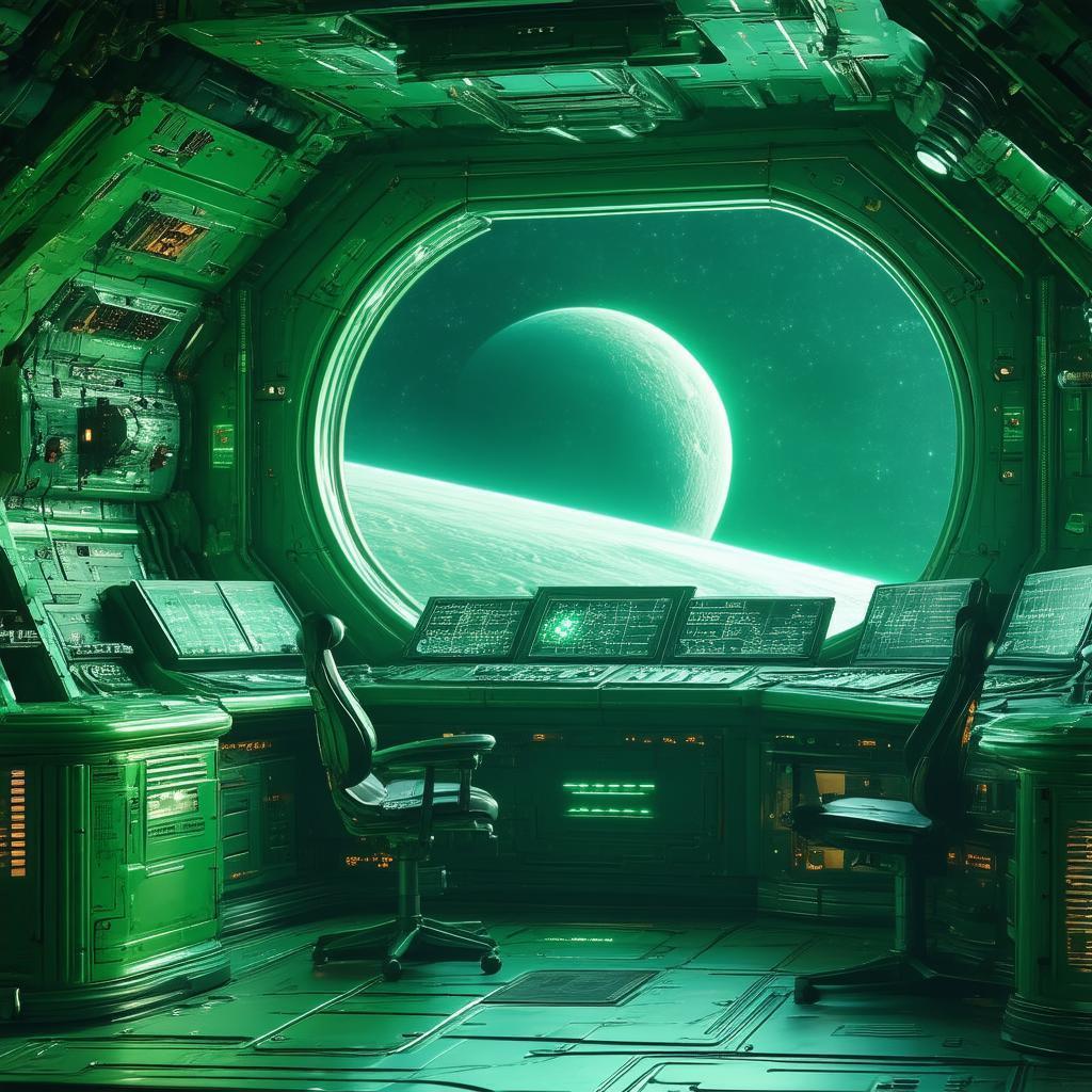 Green Hued Control Room Facing a Moonlit Planet