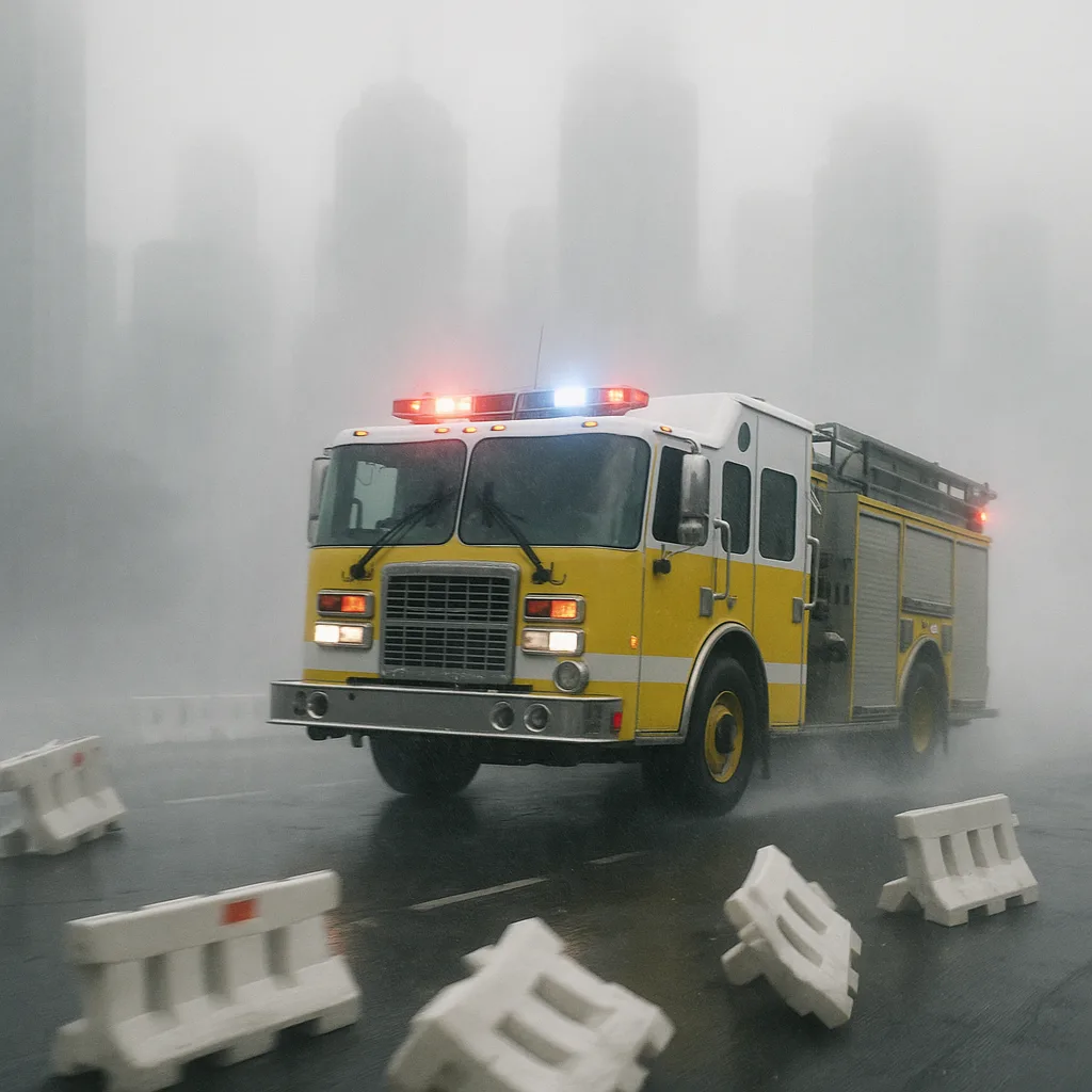 Through a Veil of Silvery Fog Blanketing the Bustling Cityscape