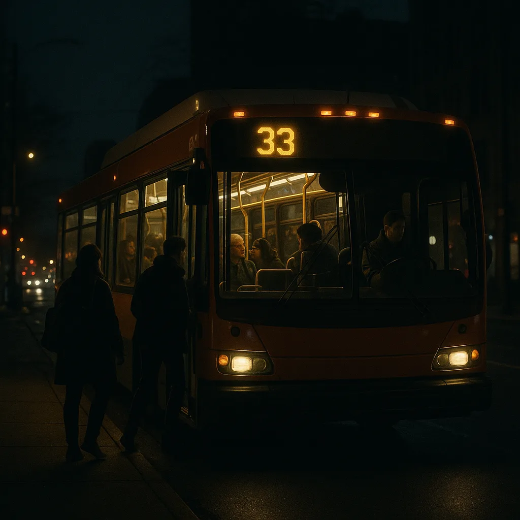 City Bus Labeled "33" with Interior Lights