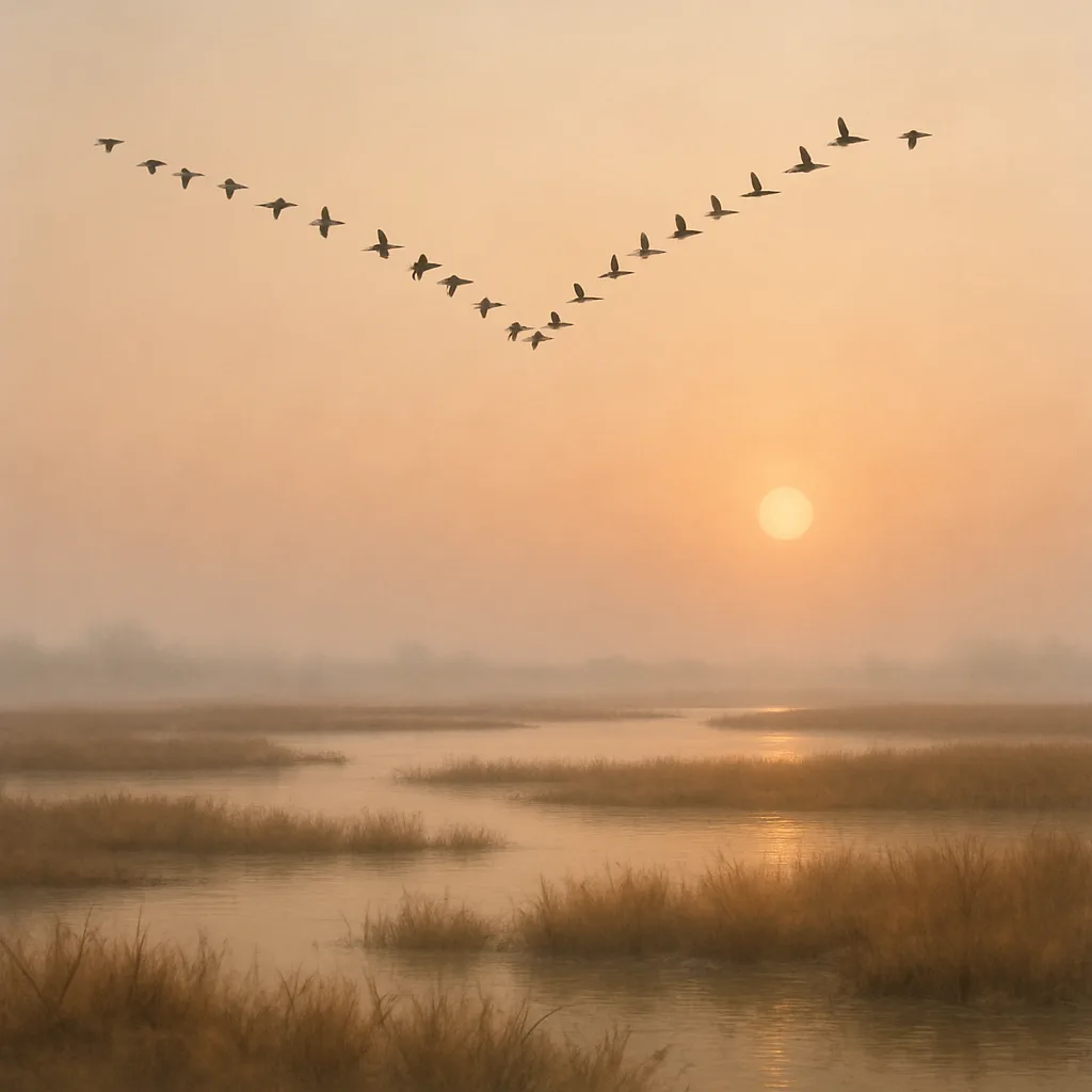 Vast Flock of Migrating Geese Forms a Distant V-shape
