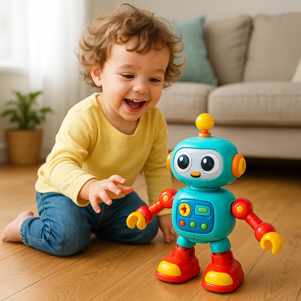 Cheerful Child Is Happily Directing a Vibrant Toy Robot