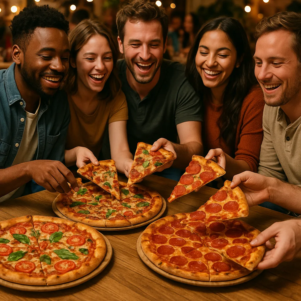 Several Individuals Are Relishing a Variety of Large Pizzas