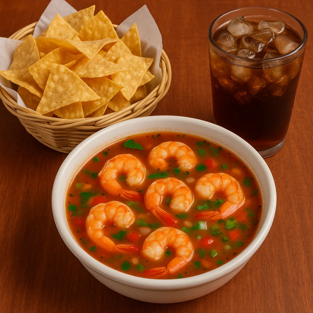 Bowl of Shrimp Soup Alongside a Basket of Tortilla Chips