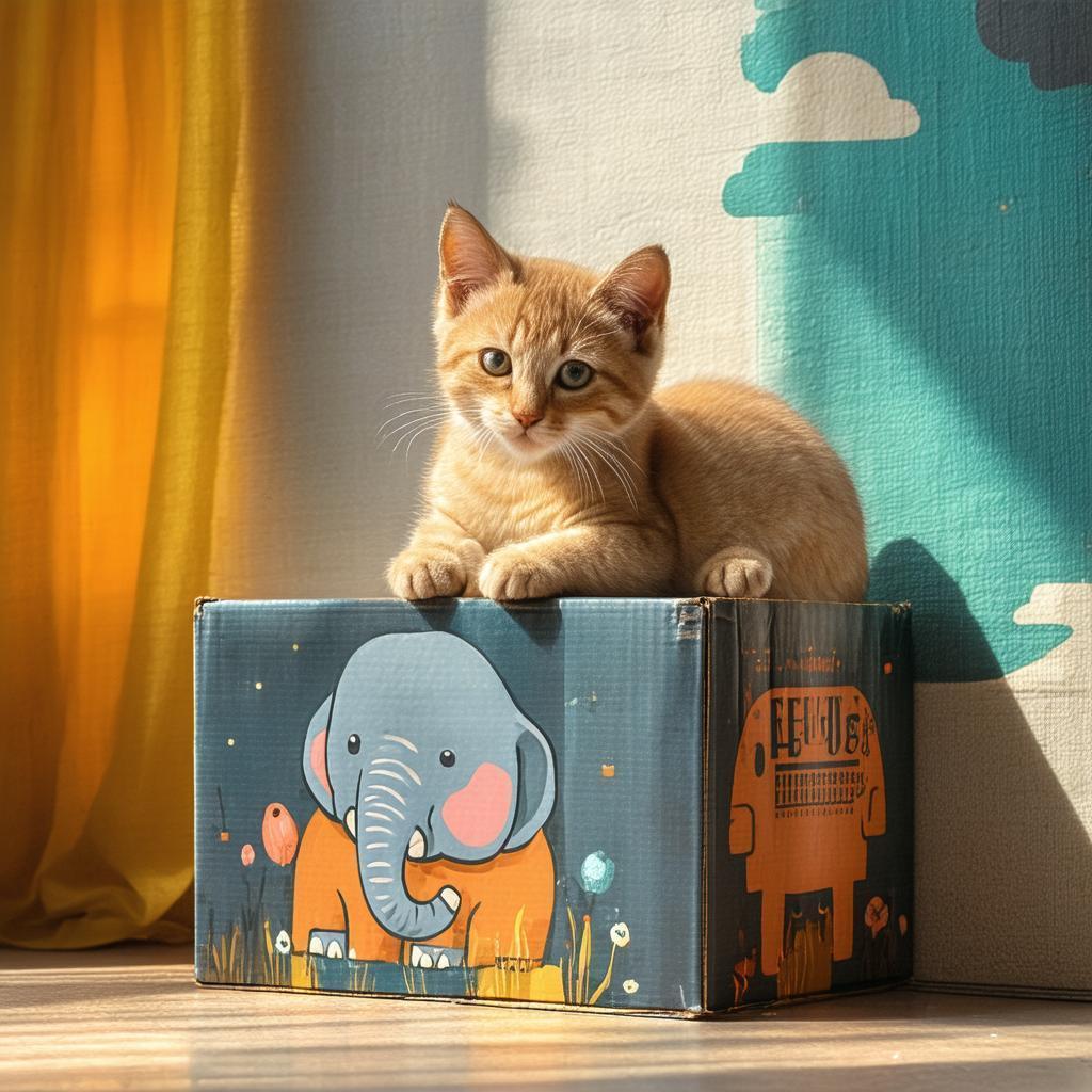 Cat on a Box Meets Cartoon Elephant