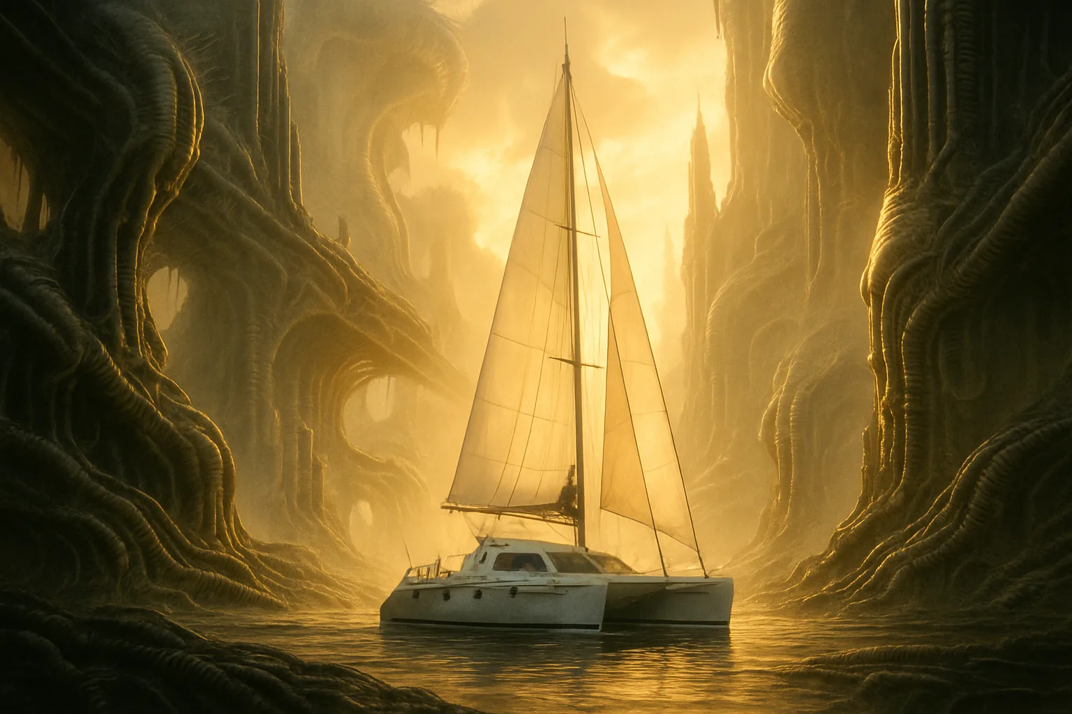 Catamaran Navigates a Gigeresque Landscape
