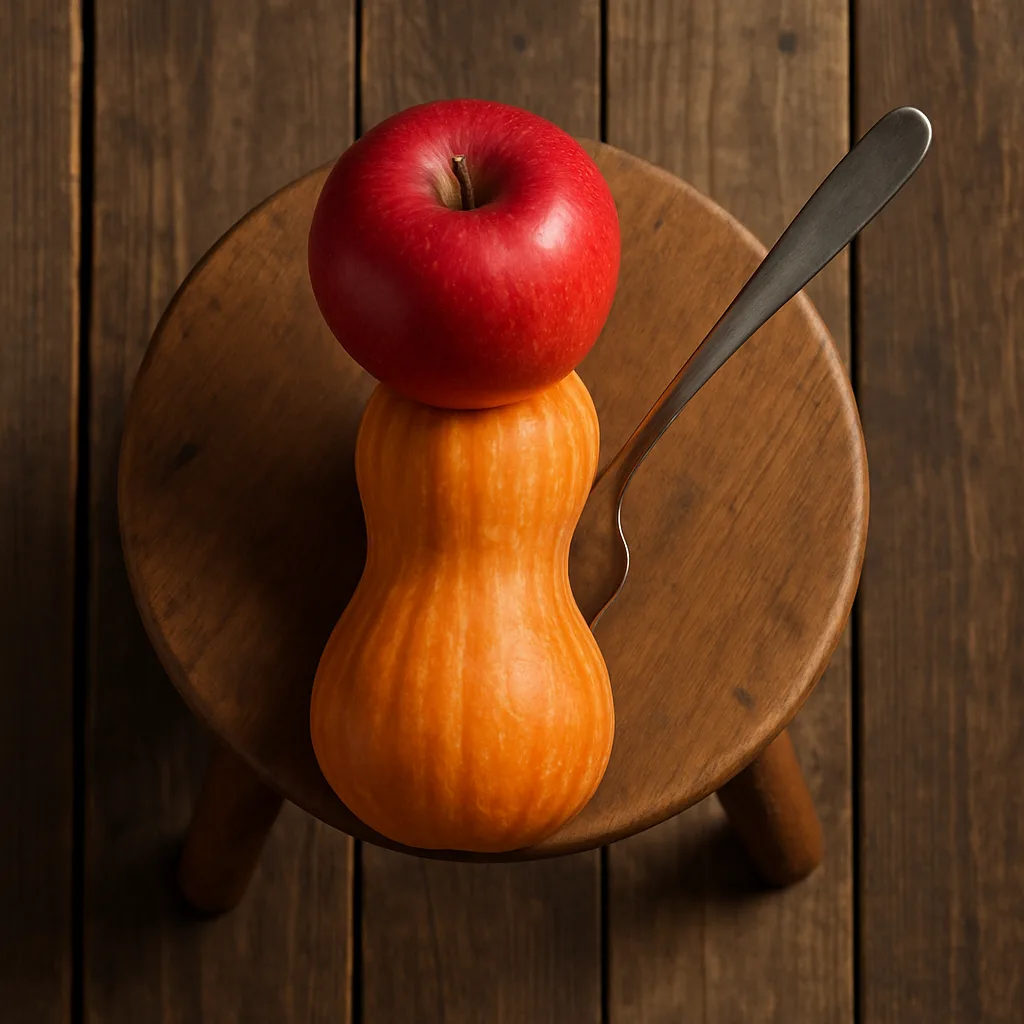 Wooden Stool Holds an Orange Squash with a Spoon Stuck