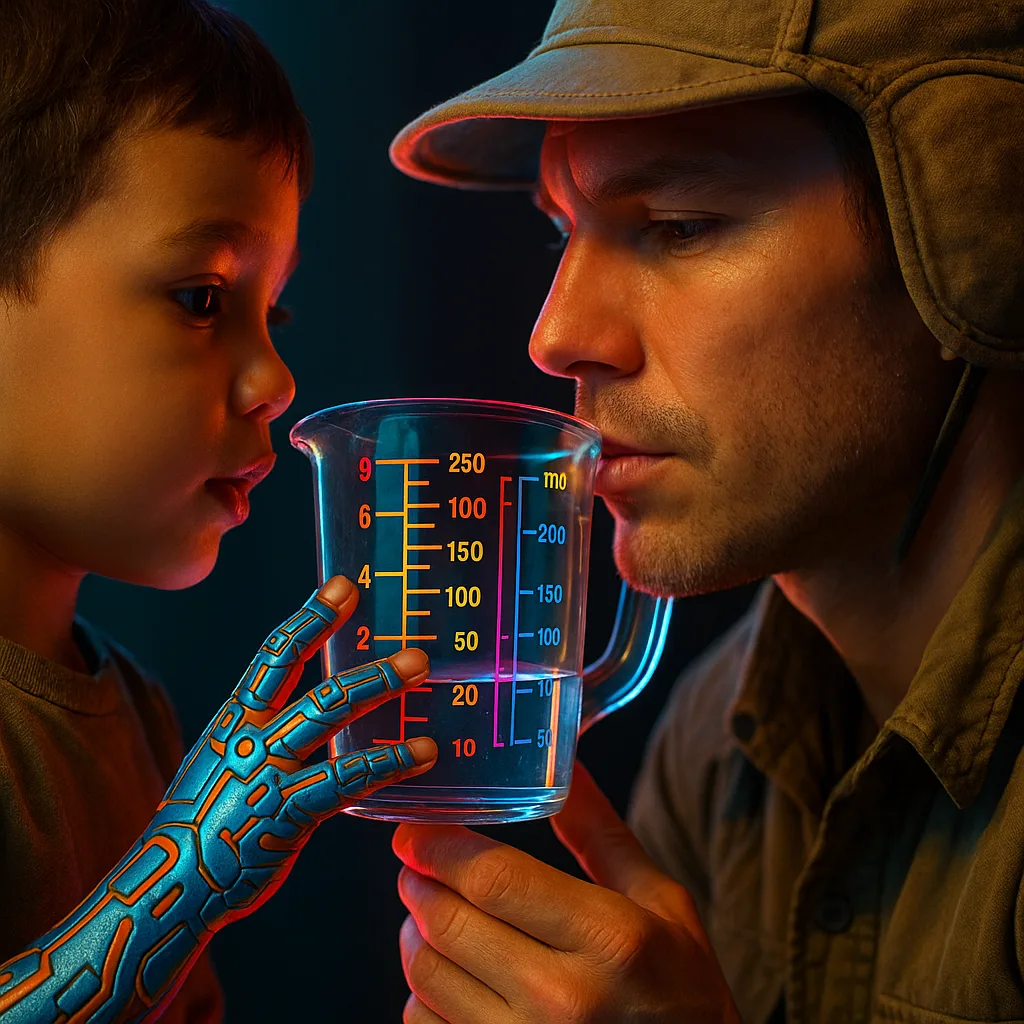 Child's Cybernetic-patterned Fingers Gently Touch an Explorer's Subtly Defined Lips