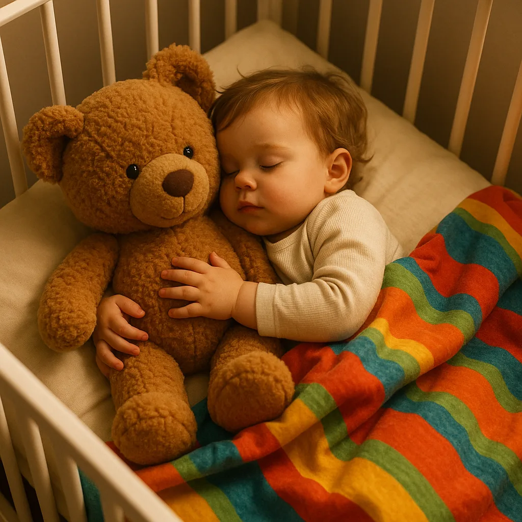 Young Child Lying in a Crib Cuddling a Large Teddy