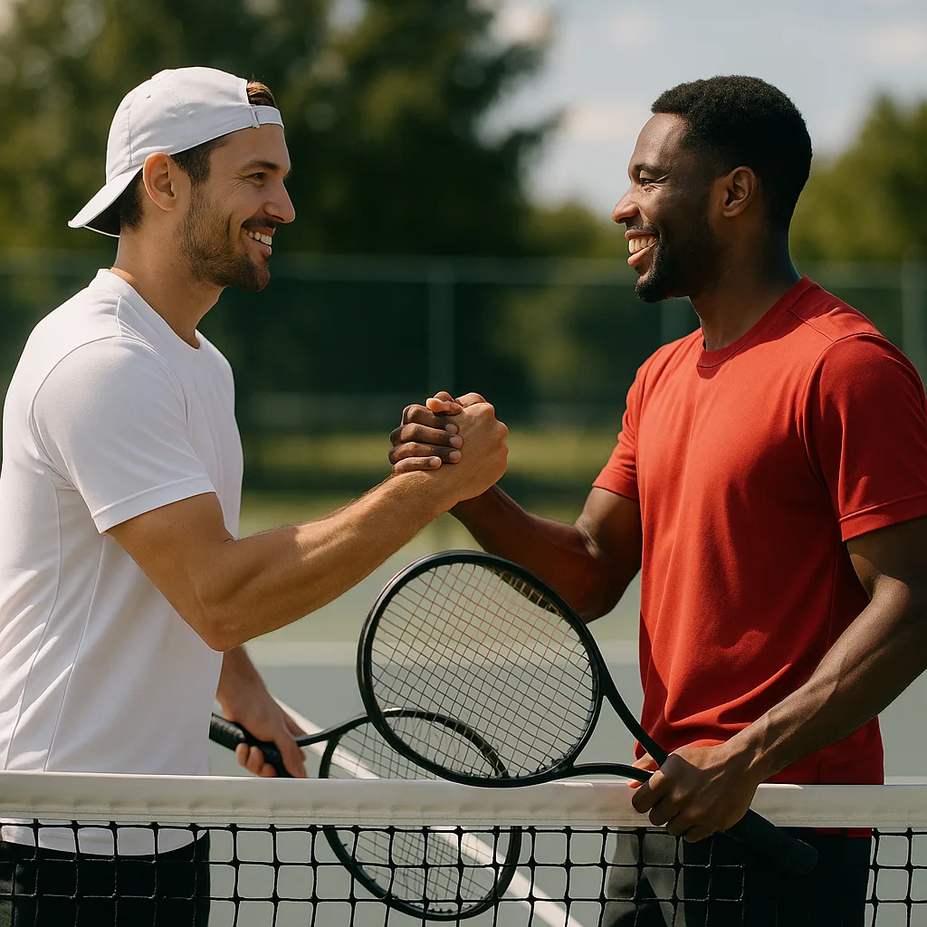 Two Tennis Players Meeting at the Net to Shake Hands