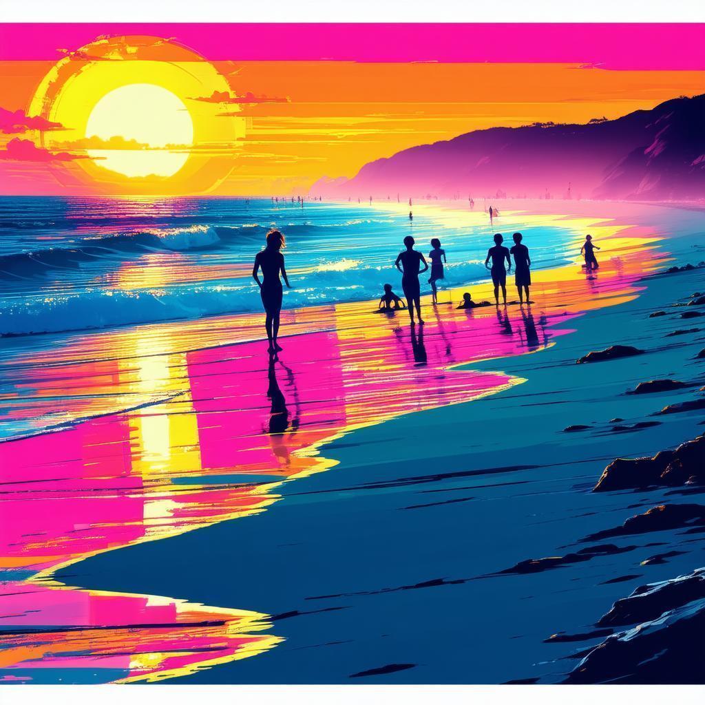 Pop Art Beach Sunset With Silhouetted Beachgoers