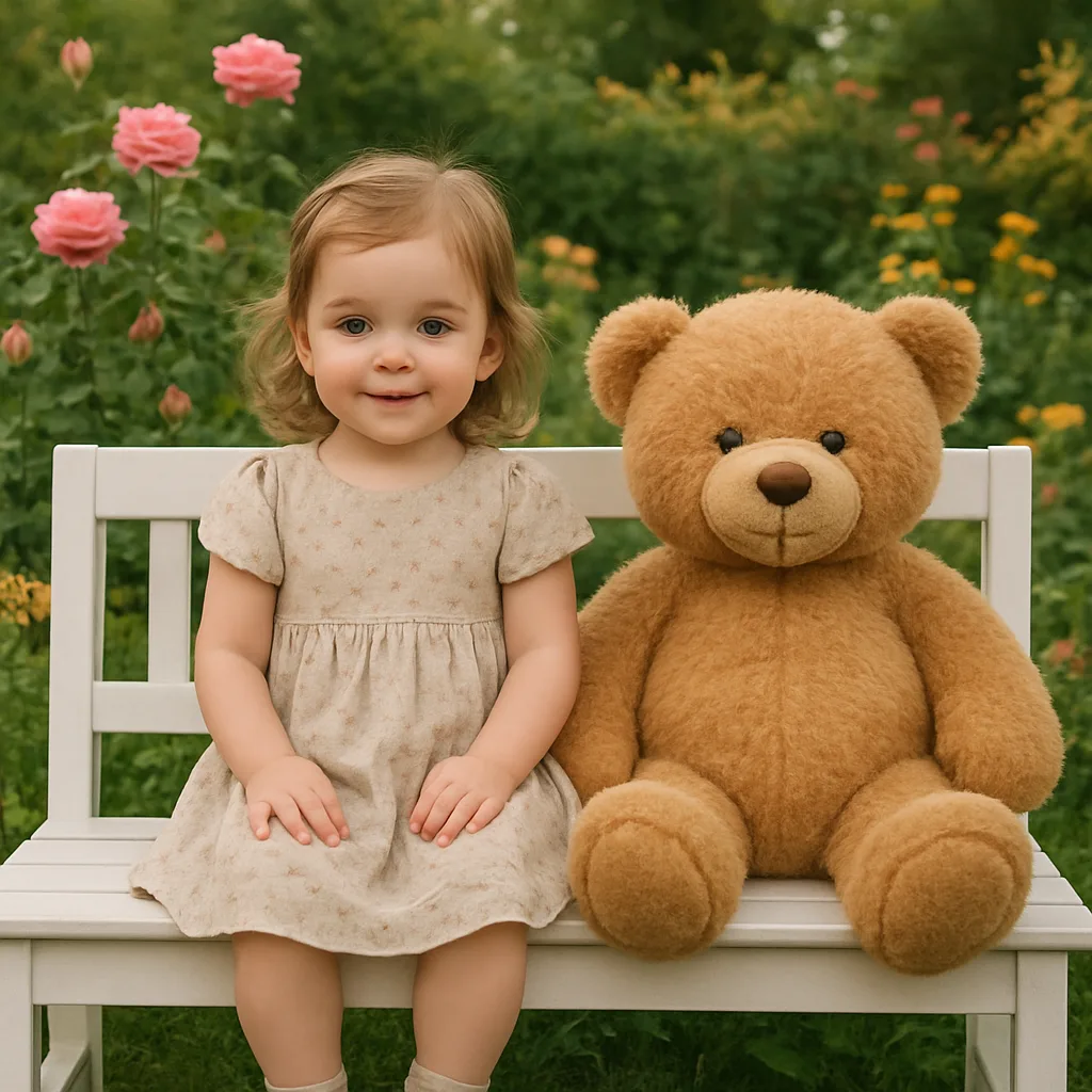 Young Child in a Dress Sits on a White Bench