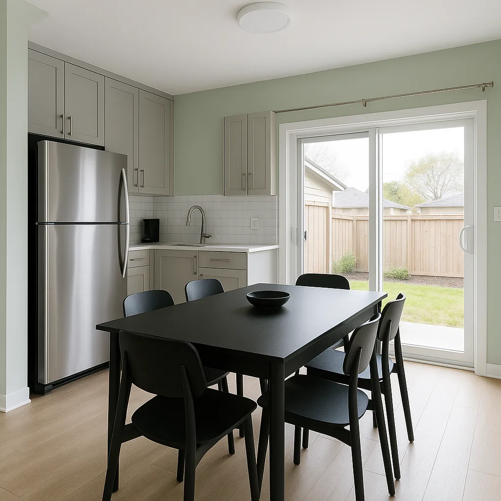Modern Kitchen and Dining Area with a Black Table