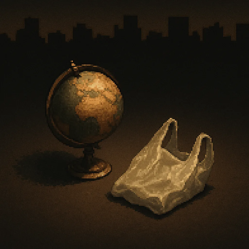 Antique Globe and Plastic Bag Lie in a Low-contrast