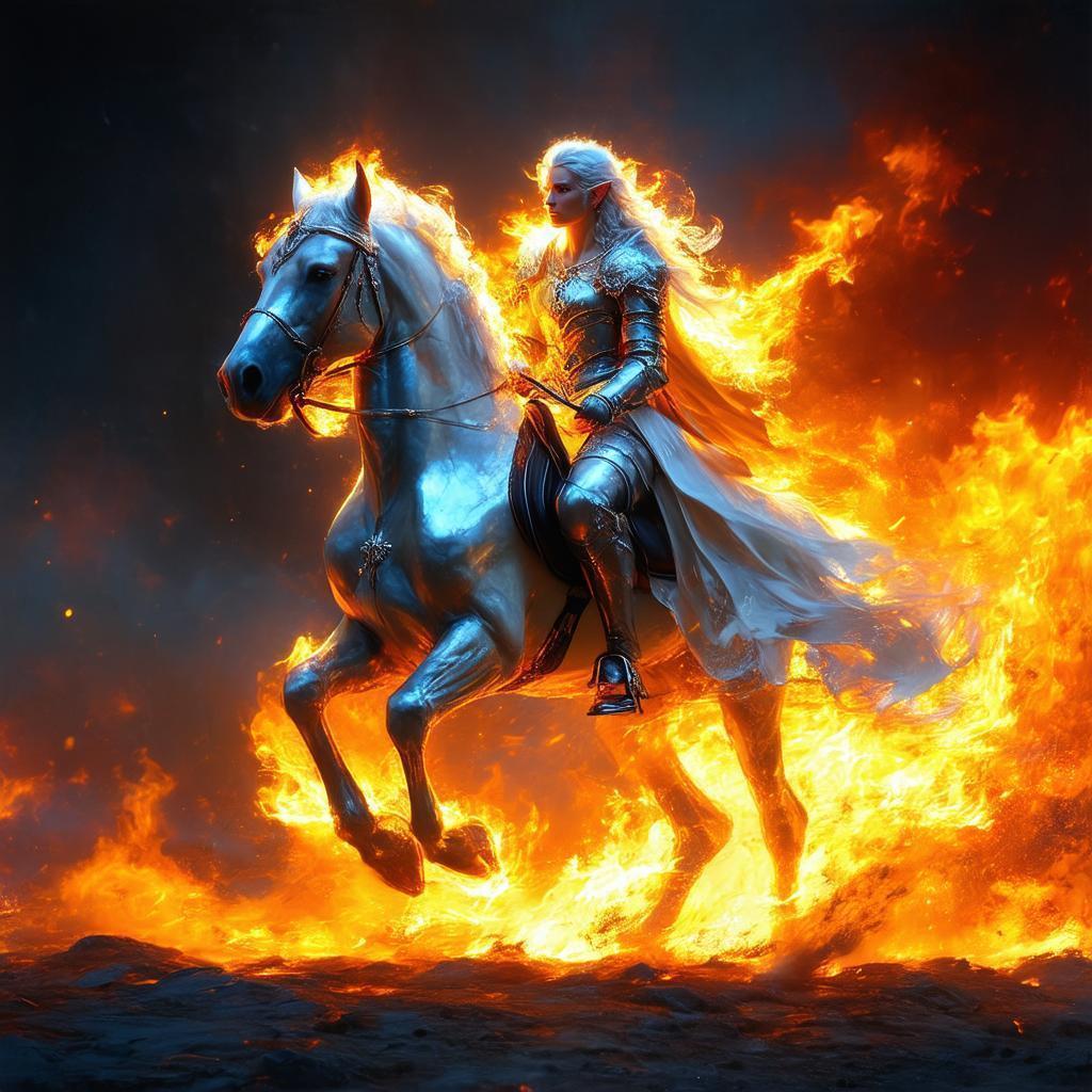 Flaming Elf Riding a Silver Horse