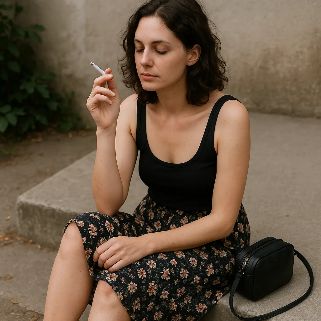 Woman Sits on a Concrete Step Outdoors