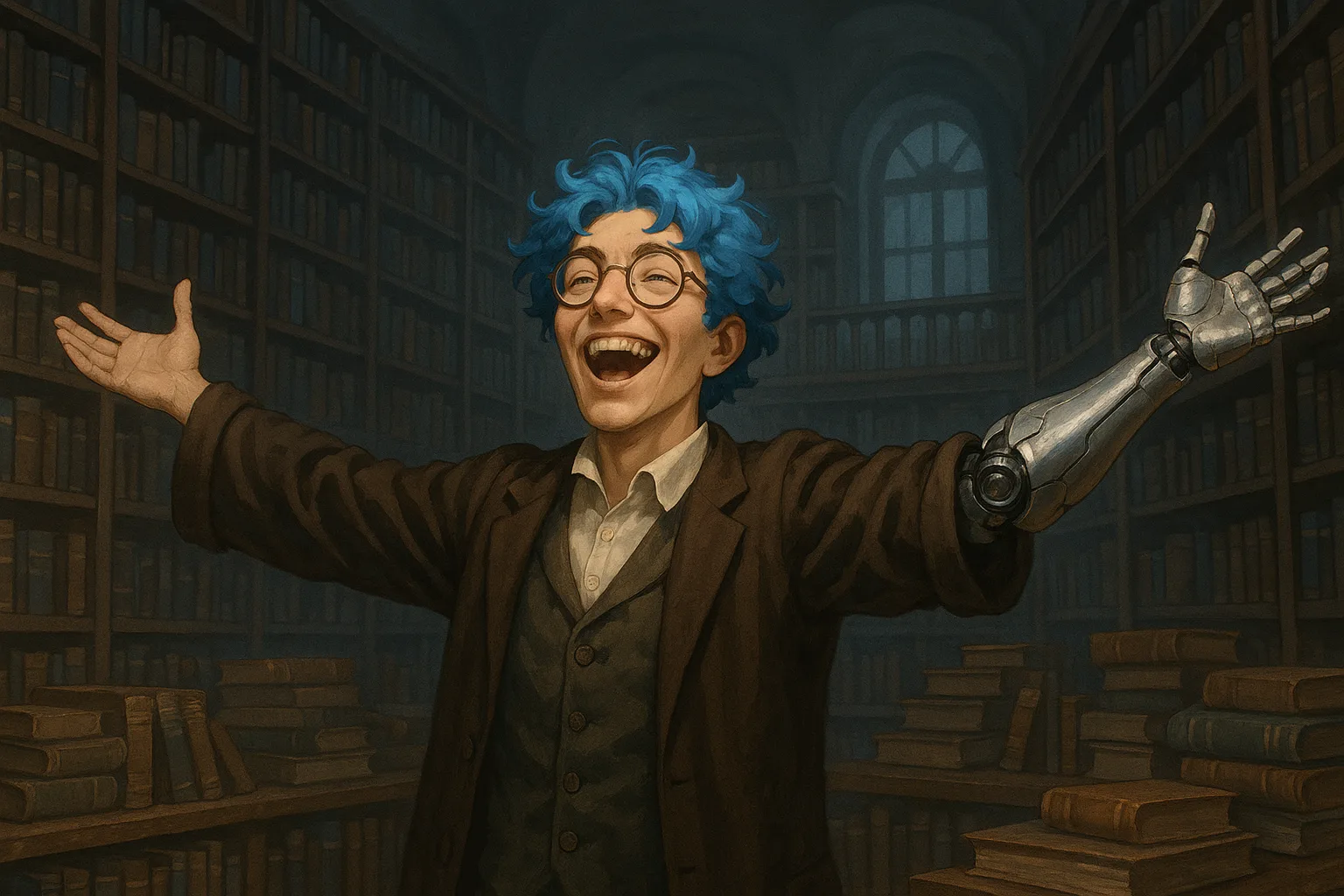 Scholar-like Figure with Vibrant Electric Blue Hair