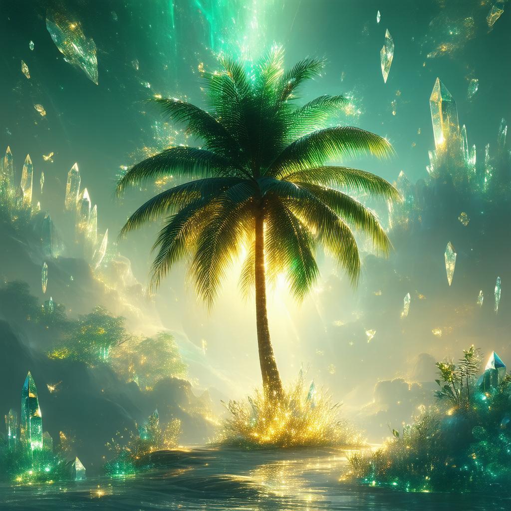 Luminous Palm Tree Amid Floating Crystals and Creatures