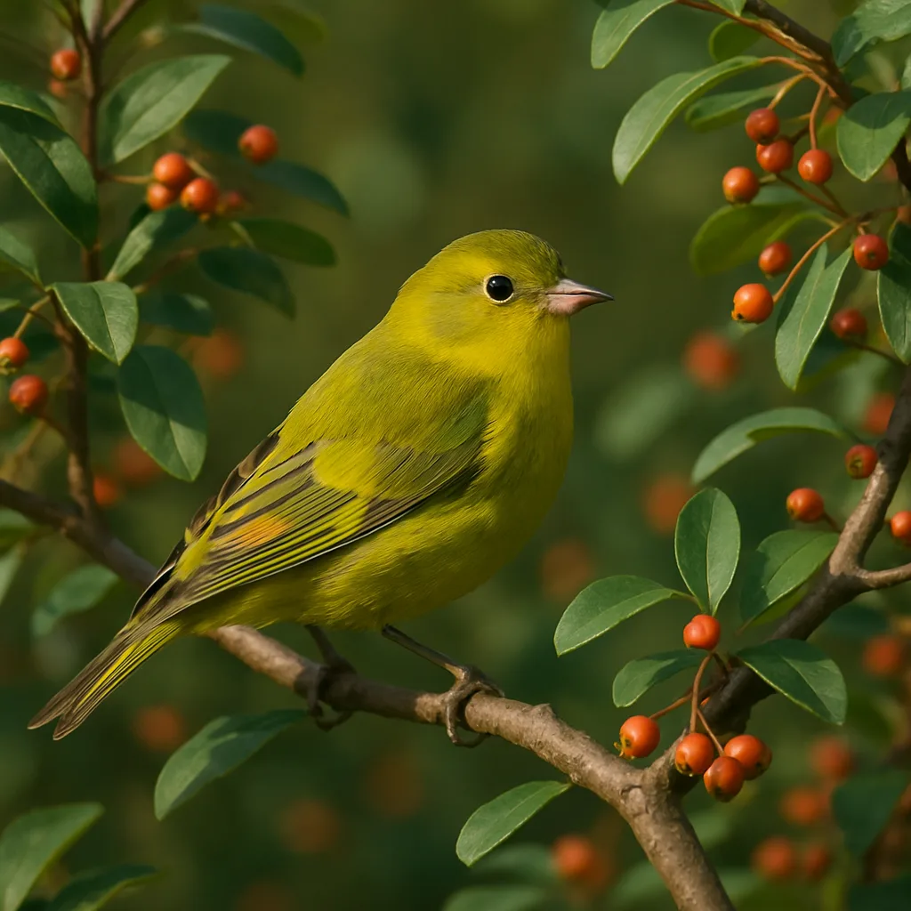 Small Green and Yellow Bird Perched on a Branch