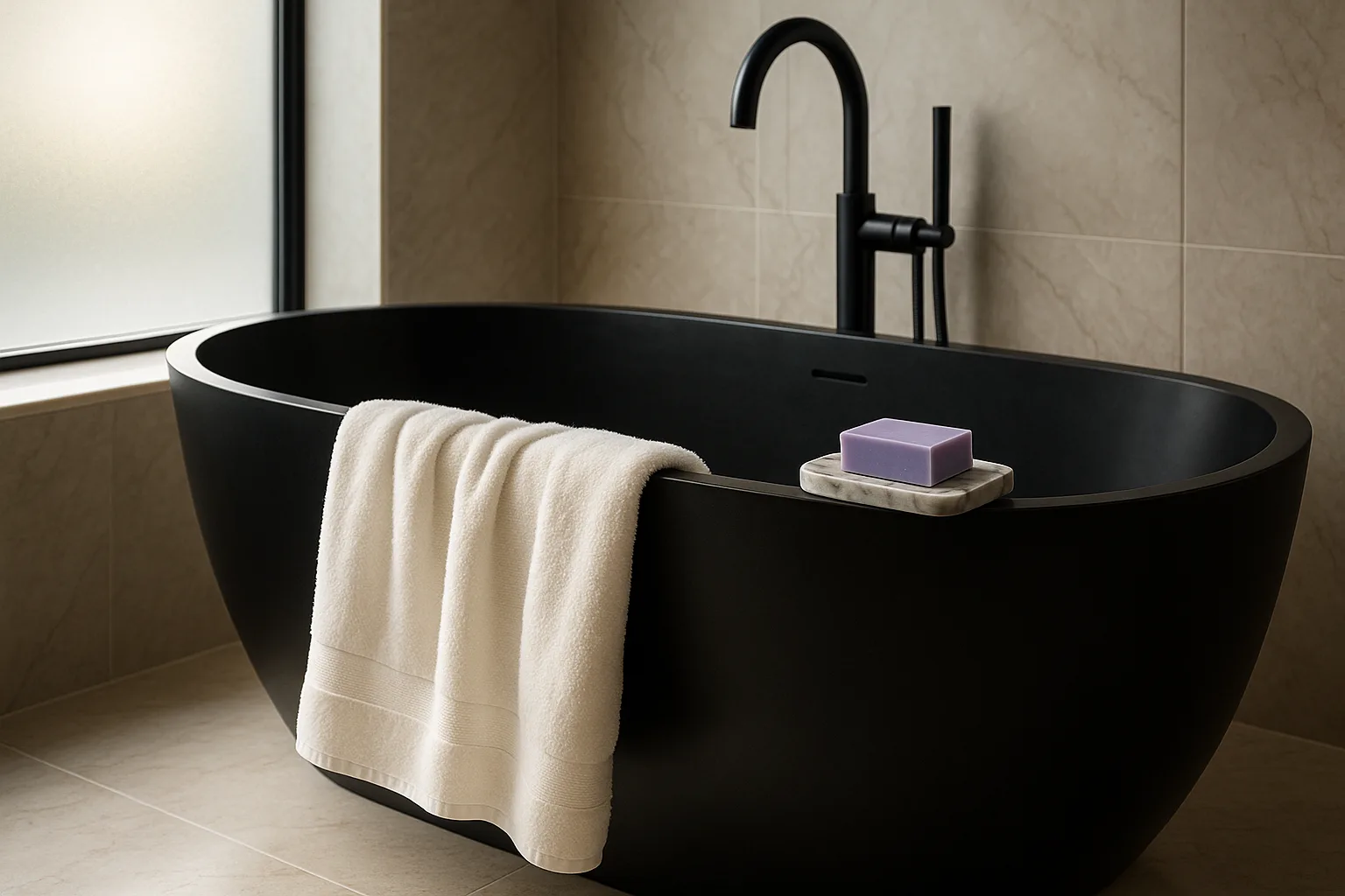Sophisticated Bathroom Features a Stylish Black Bathtub with a Plush