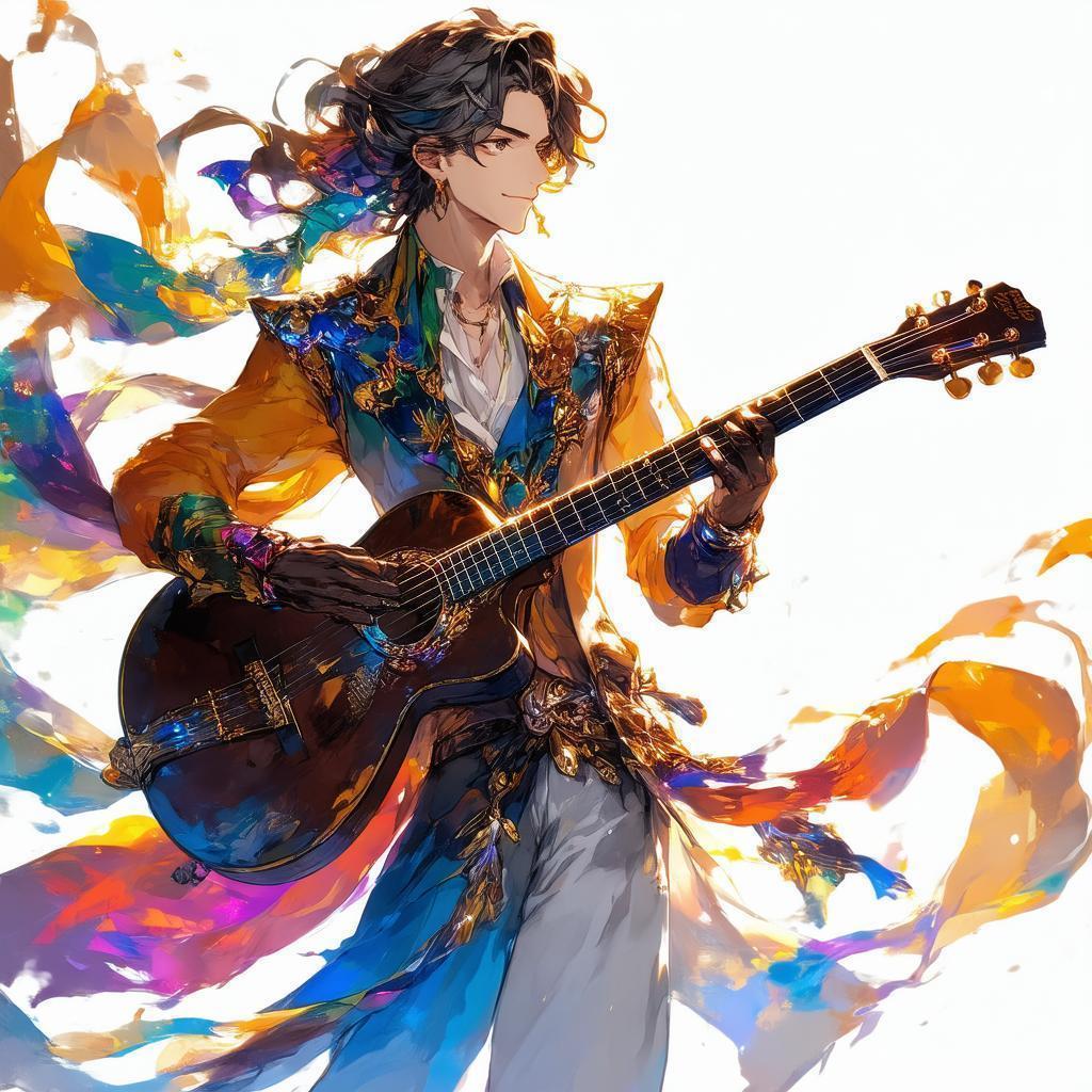 Anime Bard Strumming Guitar in Dramatic Light