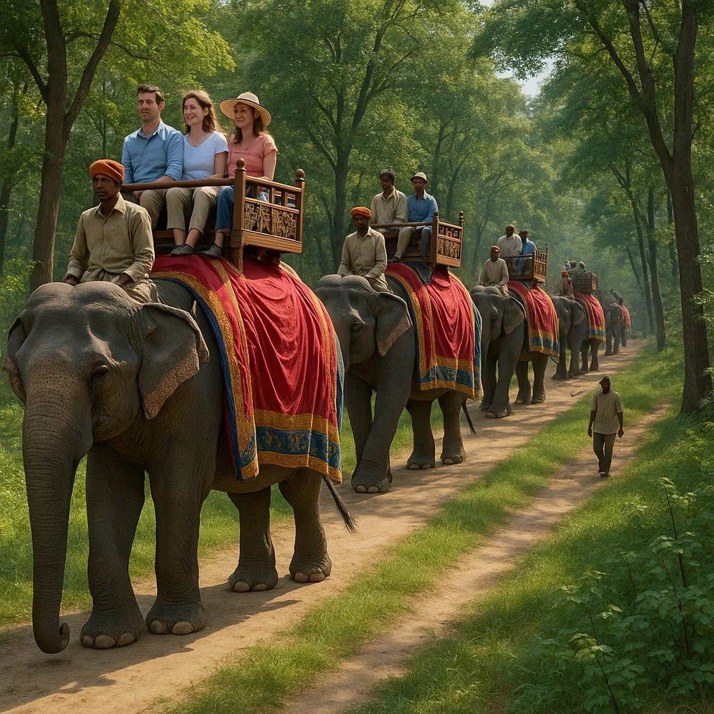 Caravan of Elephants Moving in Single File Carries a Group