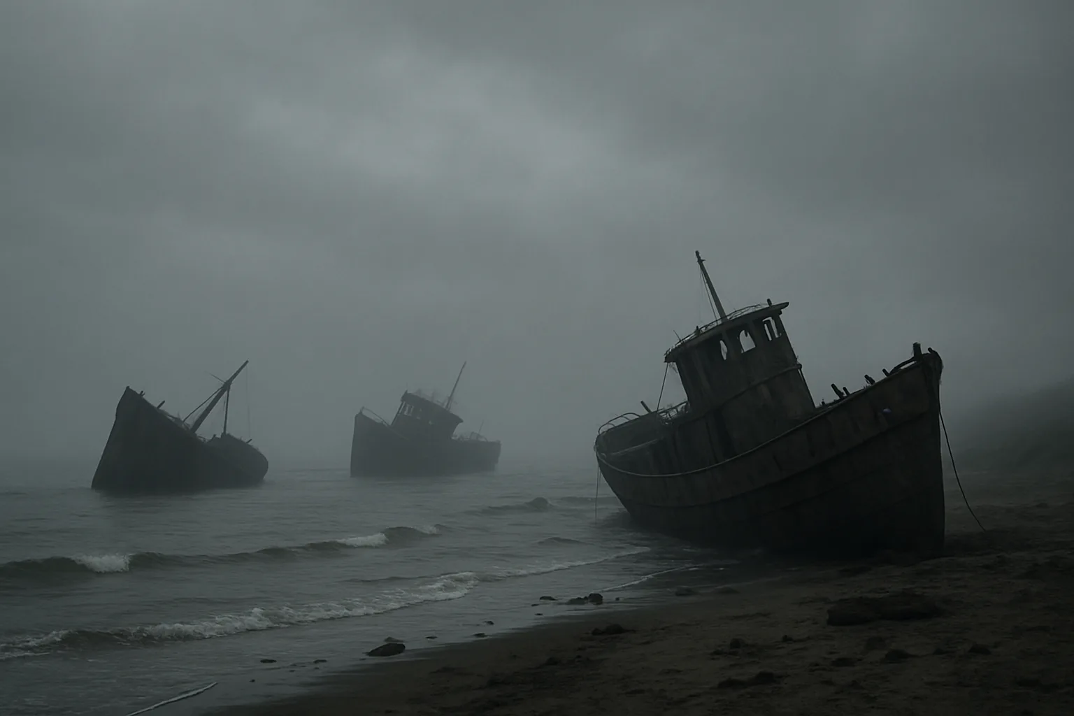 Few Derelict Shipwrecks Lie Scattered and Half-submerged Along a Desolate
