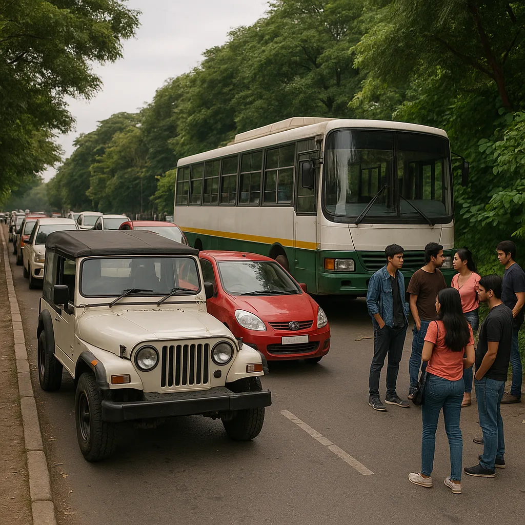 Busy Road with Parked Vehicles