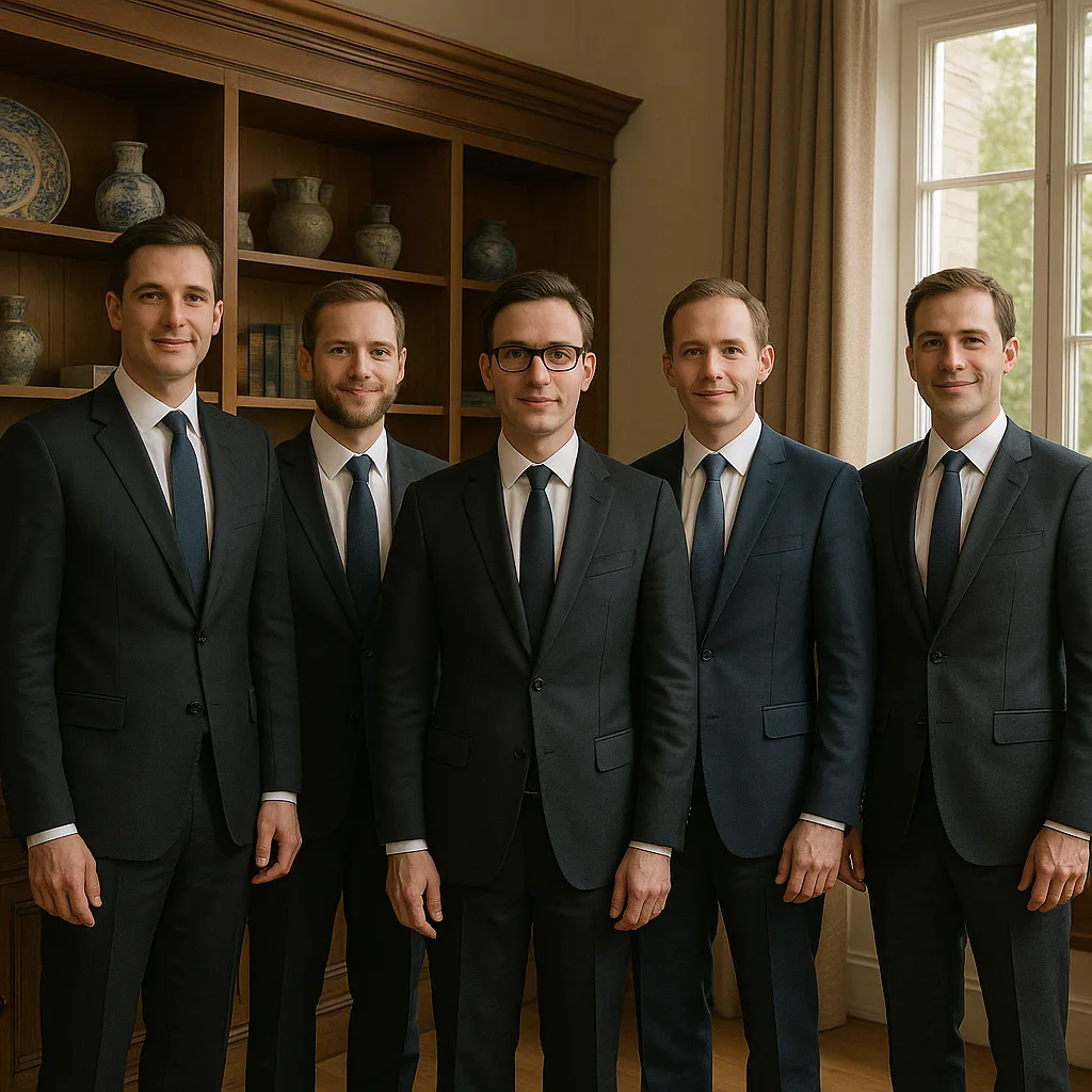 Five Men Wearing Formal Suits Stand in a Row Inside