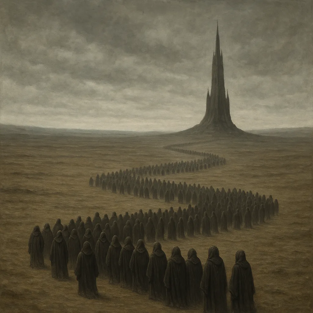 Distant Procession of Many Robed Figures Slowly Winds its Way