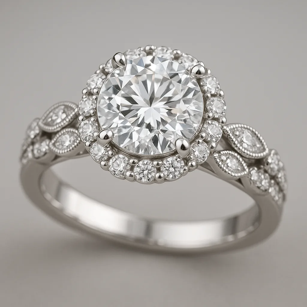 Silver Ring Featuring a Large Round Diamond in the Center