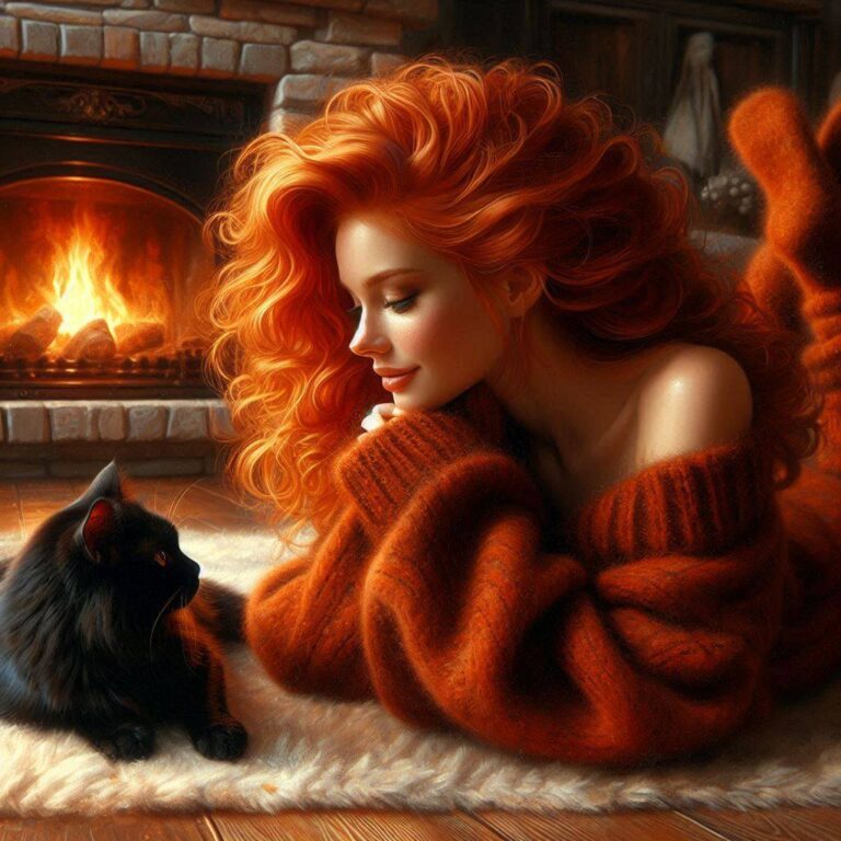 Woman with Red Hair and Cat by Fireplace